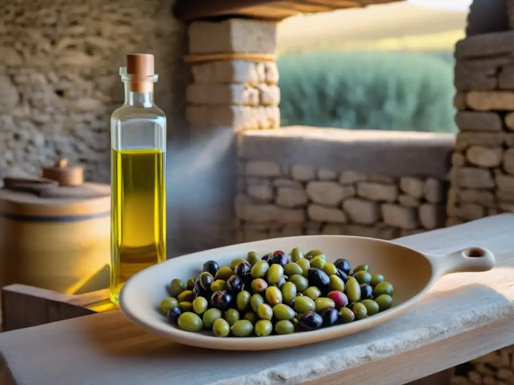 Degustaciones VIP en molinos Puglia: Artesanía centenaria del aceite de oliva con prensa de madera, olivos frescos y luz dorada en campo italiano