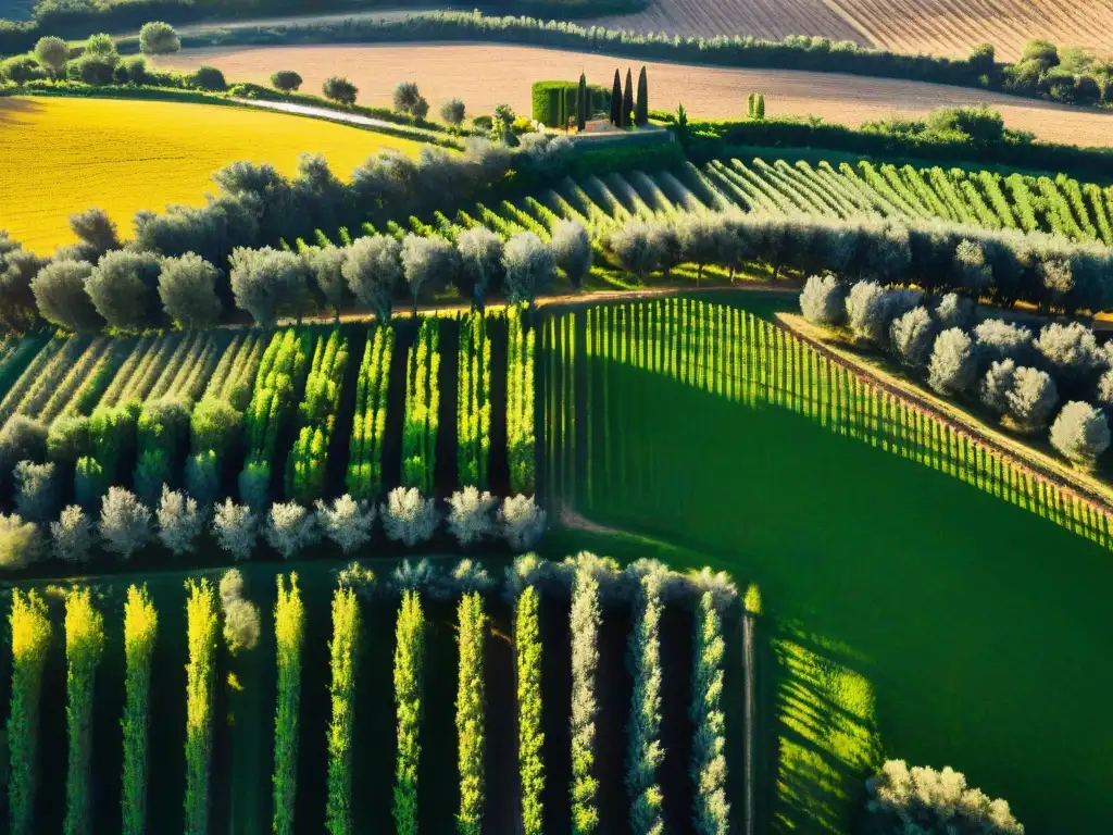 Degustaciones VIP en molinos Puglia: Vista aérea de olivares antiguos bañados por la cálida luz dorada del atardecer en la región italiana