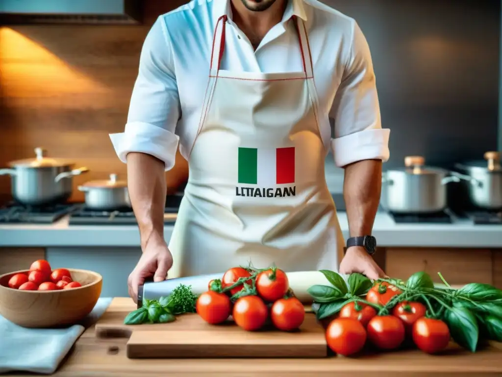 Un delantal de chef italiano personalizado, detallado y elegante en una cocina tradicional italiana