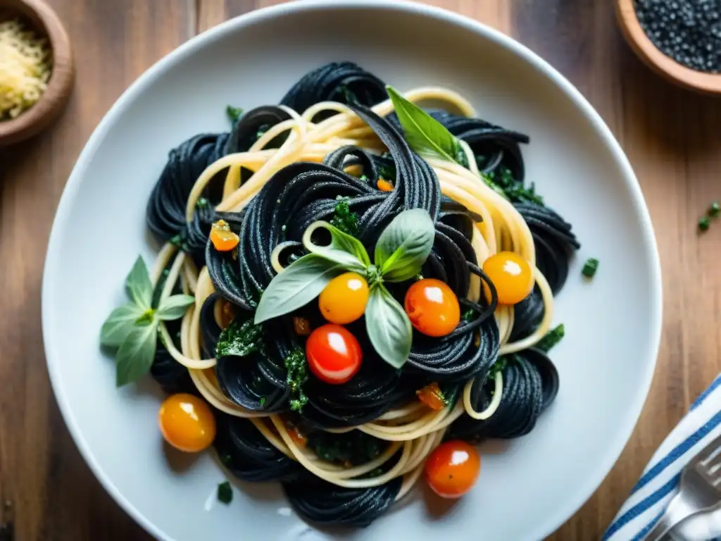 Un deleite visual: Receta Spaghetti Nero Seppia Bajo Calorías con pasta de tinta de calamar, mariscos y tomates cherry