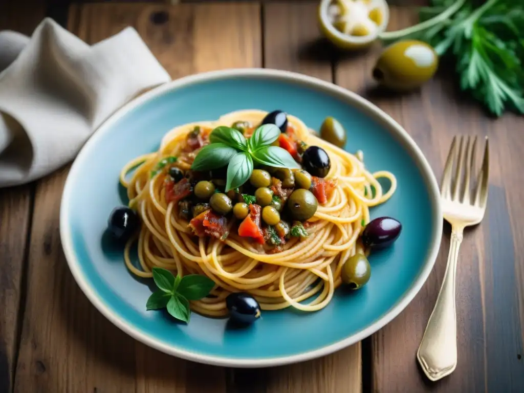 Un deleite visual: Spaghetti alla Puttanesca con todos sus ingredientes, plato en mesa rústica