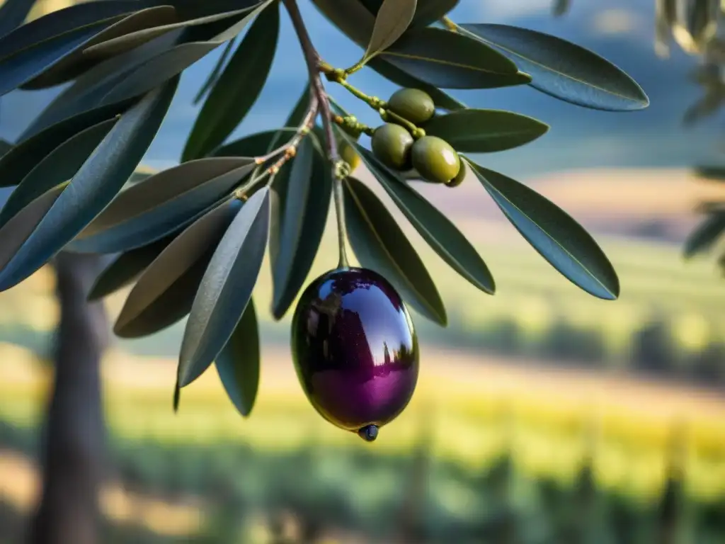 Delicada aceituna italiana madura brillando bajo el sol en un olivar de Toscana, reflejando los mejores aceites de oliva Italia