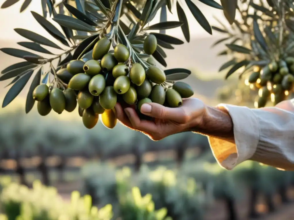 Delicada recolección de aceitunas en un olivar mediterráneo al atardecer