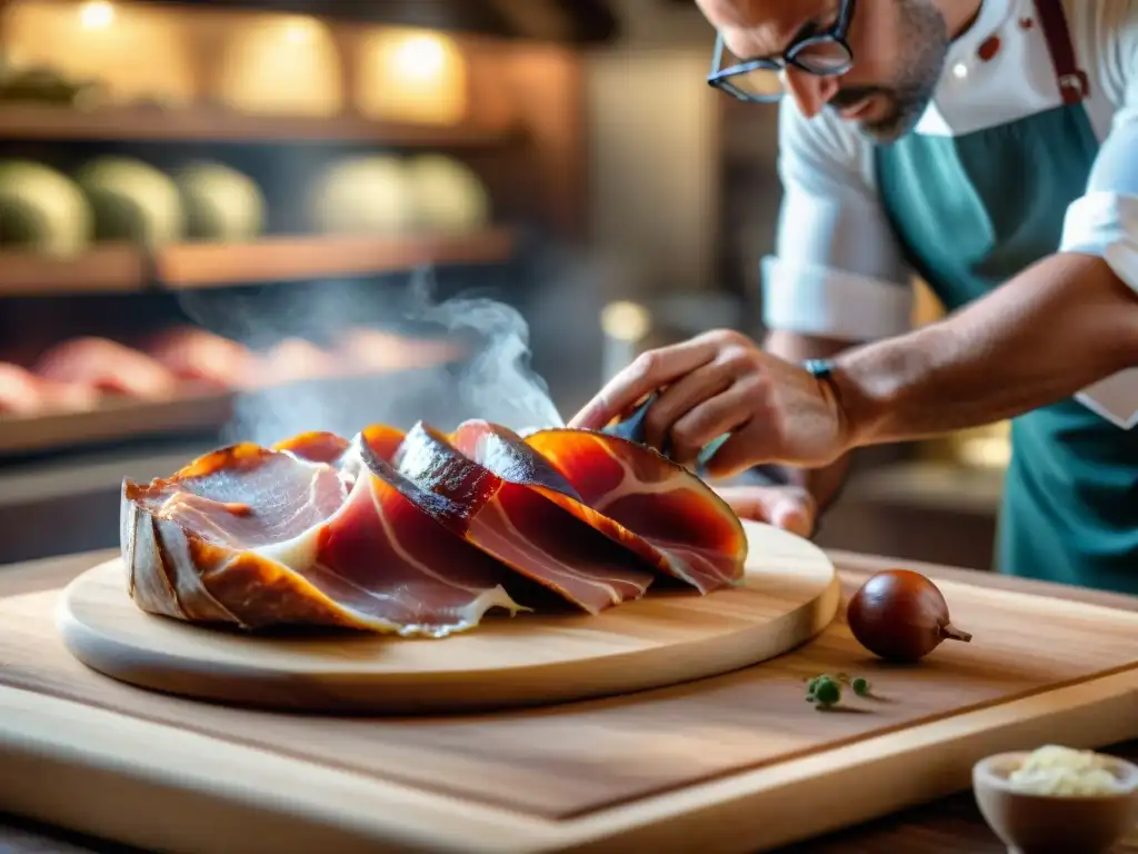 Delicada artesanía al cortar Prosciutto di San Daniele recetas en un entorno tradicional italiano