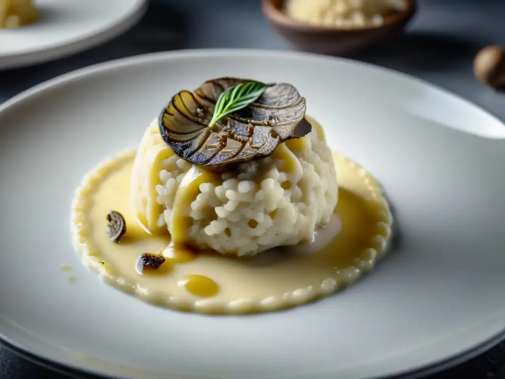 Delicada trufa blanca rallada sobre risotto, realzando los Usos del aceite de trufa en alta cocina