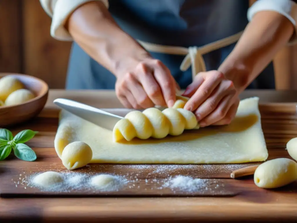 Delicada preparación casera de gnocchi de patata, mostrando el proceso detallado en una superficie rústica