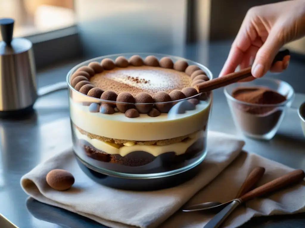 Delicada preparación de un clásico tiramisú italiano en una cocina rústica