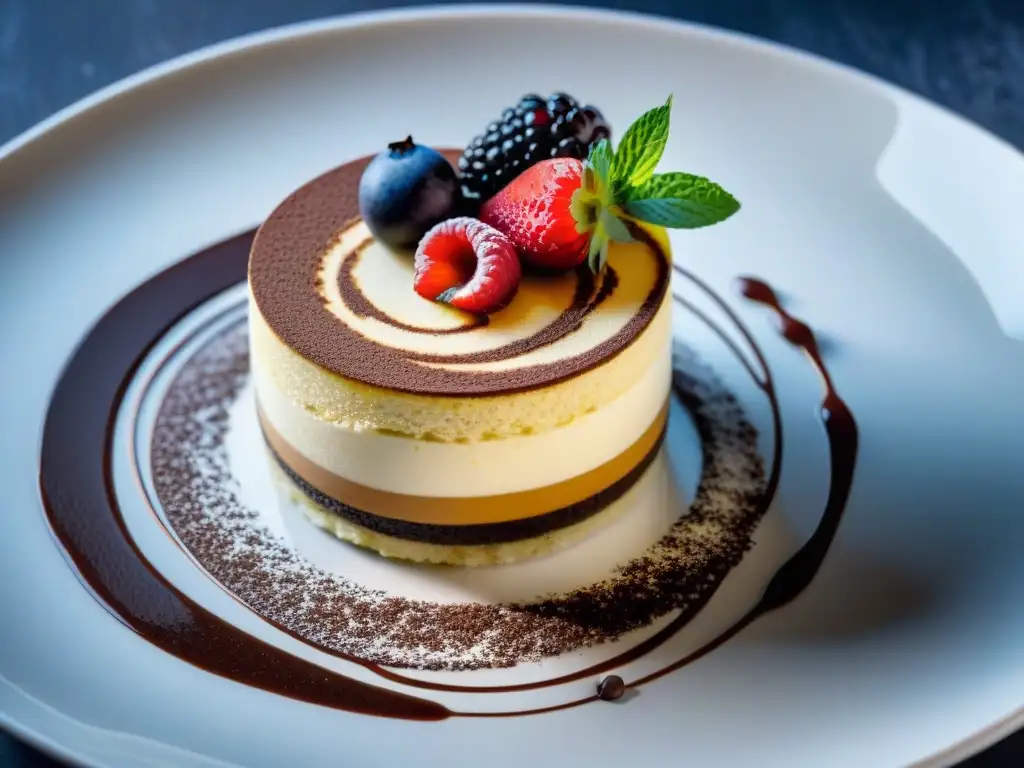 Delicada reinterpretación del clásico tiramisú con variantes innovadoras, presentada en un plato blanco elegante con detalles de chocolate y bayas frescas