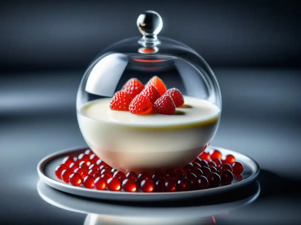 Delicada panna cotta con caviar de fresa, ejemplar de la cocina italiana molecular