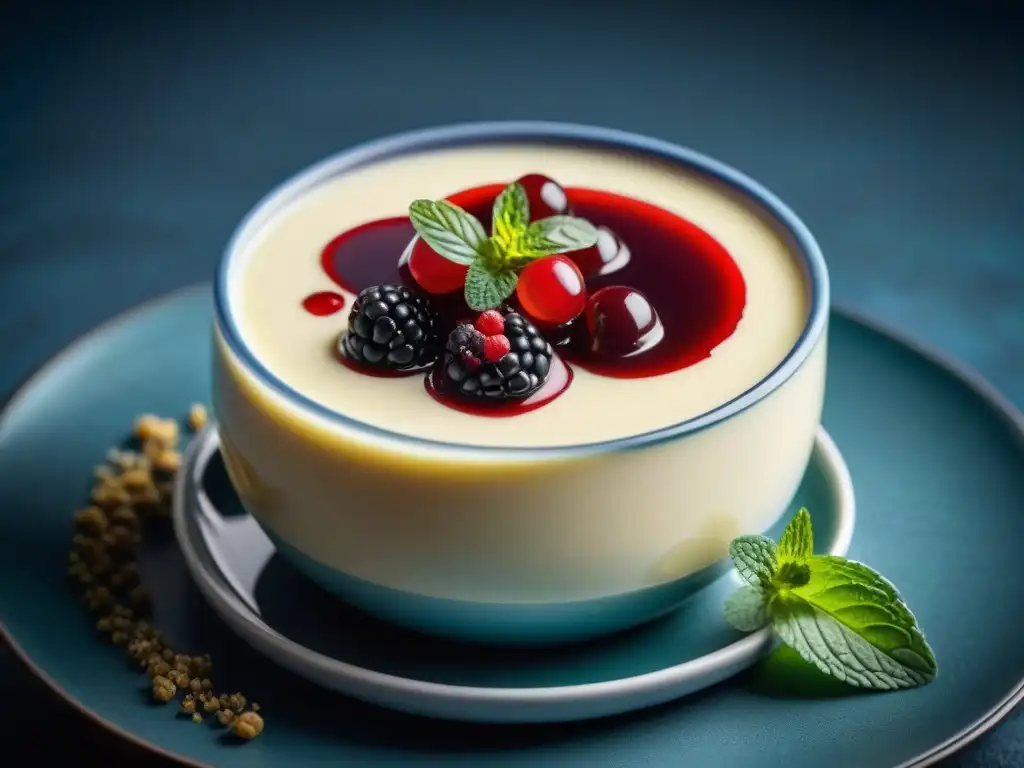 Delicada Panna Cotta con coulis de frutos rojos y menta fresca