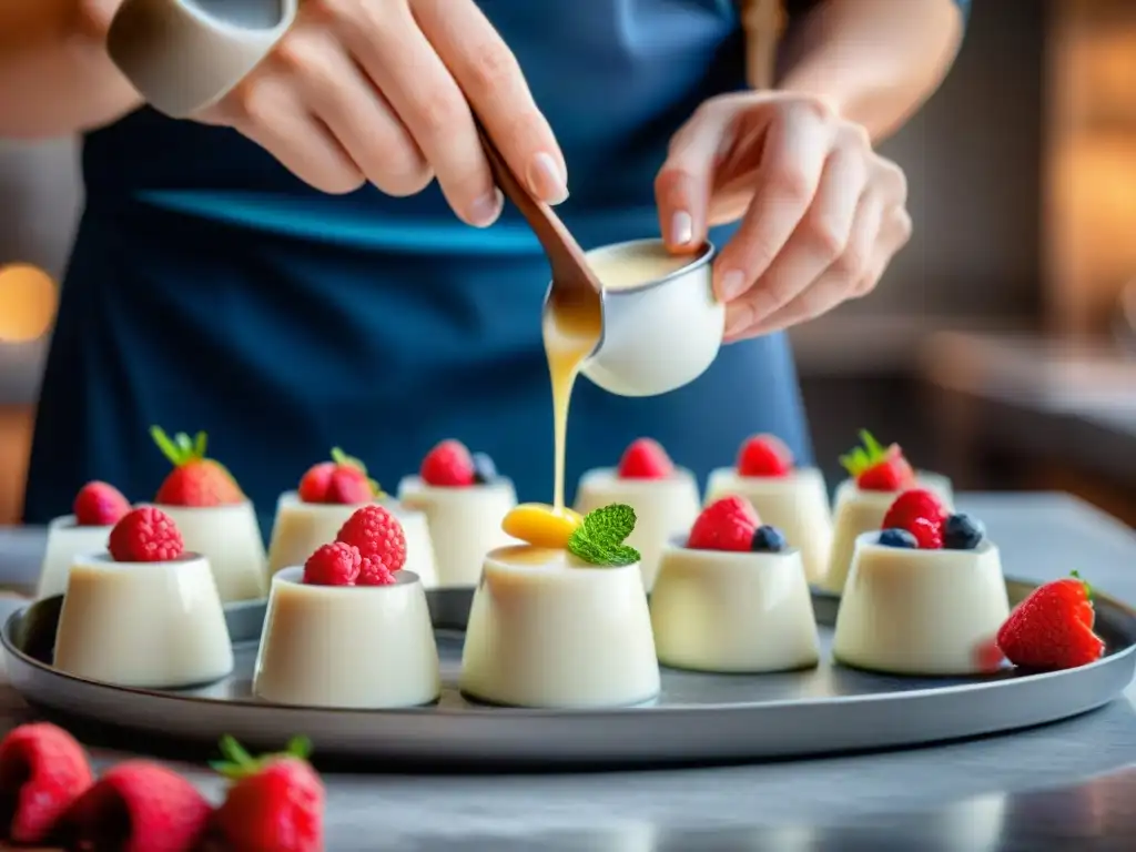 Delicada elaboración de Panna Cotta en moldes individuales, con textura suave y brillo, en un entorno rústico italiano