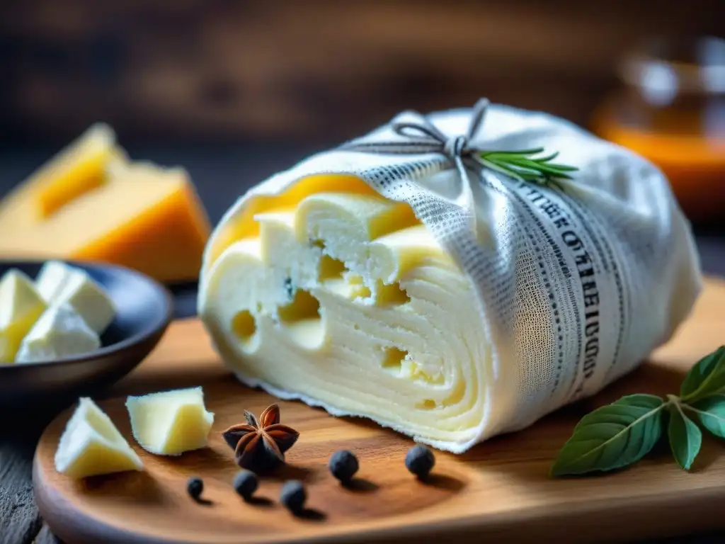 Delicada elaboración artesanal de ricotta italiano envuelto en paño de queso, con hierbas y pimienta