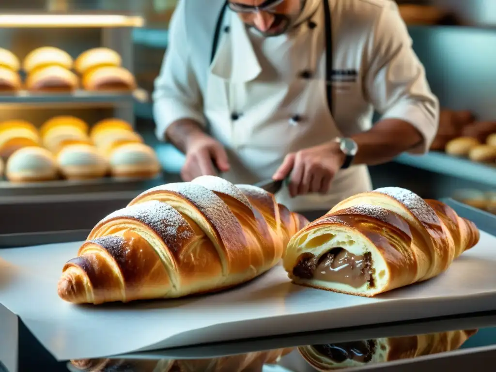 Delicada escena en panadería italiana vintage con chef untando Nutella en croissant dorado