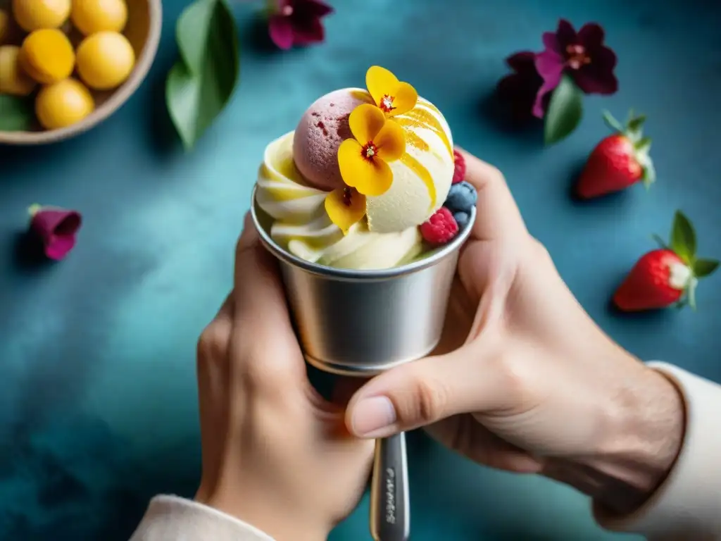 Delicada presentación de Gelato casero con frutas y flores, resaltando la artesanía