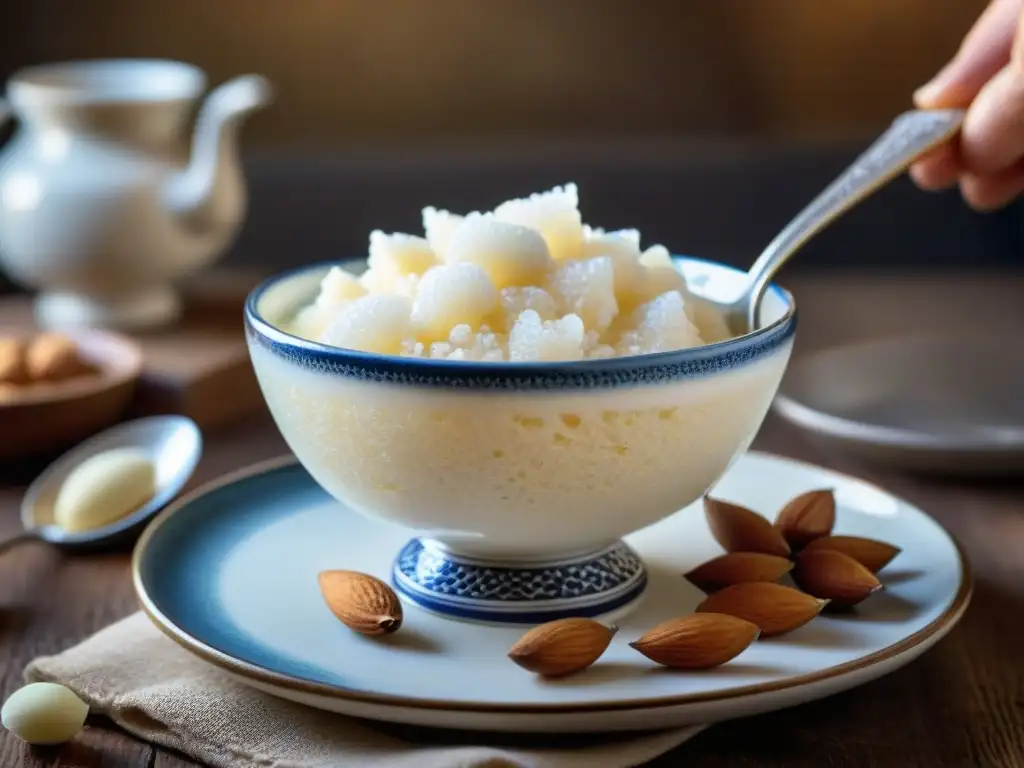 Delicada granita de almendra siciliana en cuenco vintage, con textura brillante y color blanco, en cocina italiana