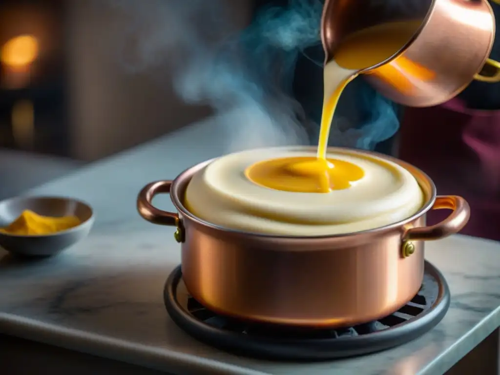 Delicada preparación de zabaglione italiano en olla de cobre sobre llama baja