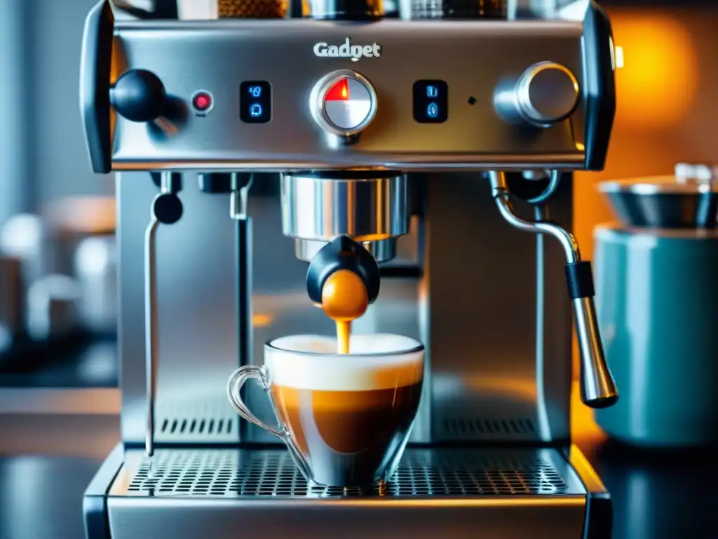 Delicada máquina de espresso italiana moderna en acción, vertiendo café dorado en taza de cerámica