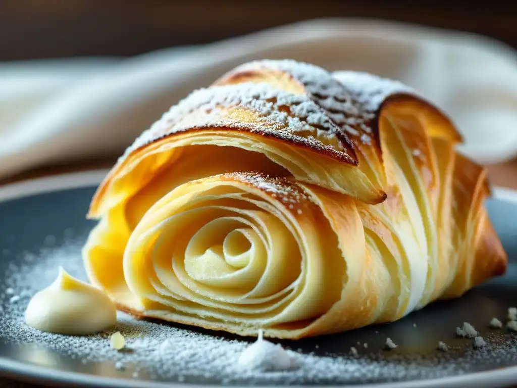 Delicada sfogliatella napolitana recién horneada con capas crujientes doradas y crema de ricotta, espolvoreada con azúcar y ralladura de limón