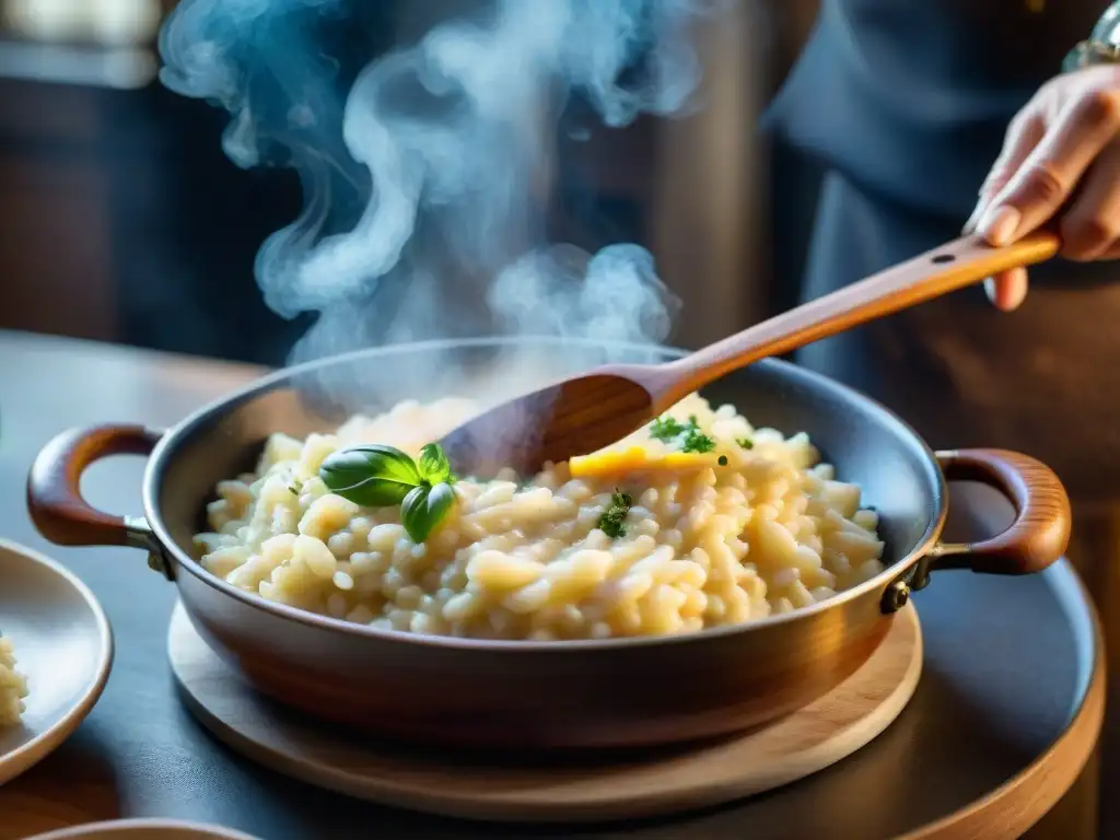 Delicada preparación del risotto paso a paso en sartén de madera sobre fuego suave