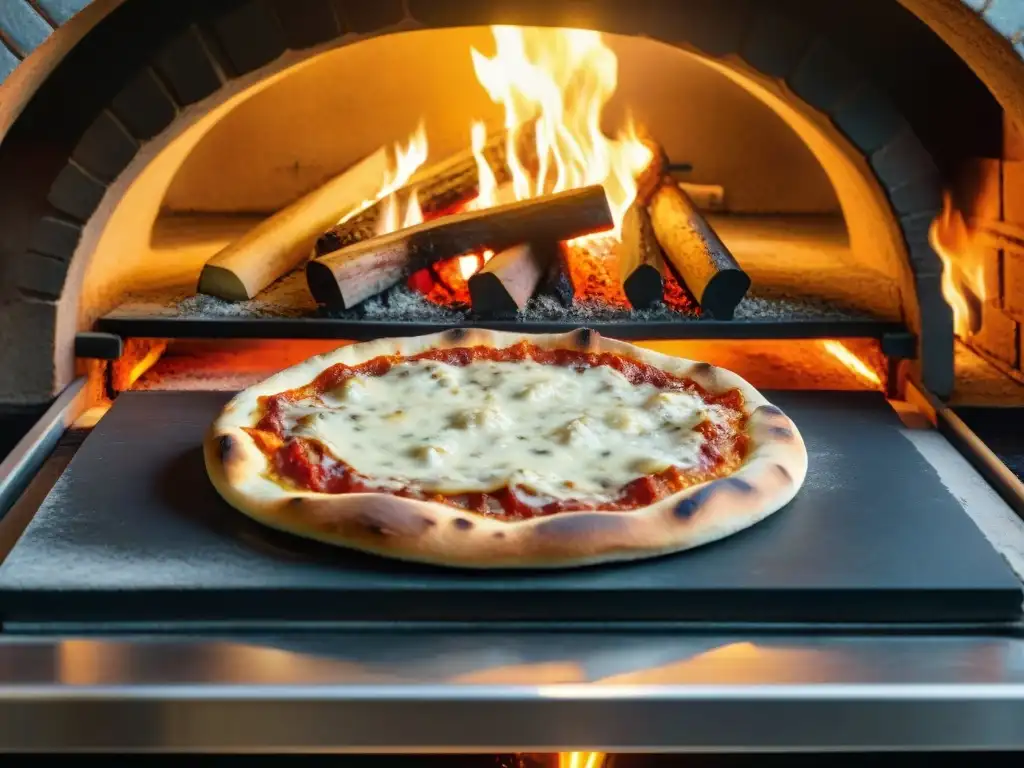 Delicada pizza italiana deslizándose al horno de piedra, con queso burbujeante y masa crujiente, mientras las llamas danzan a su alrededor