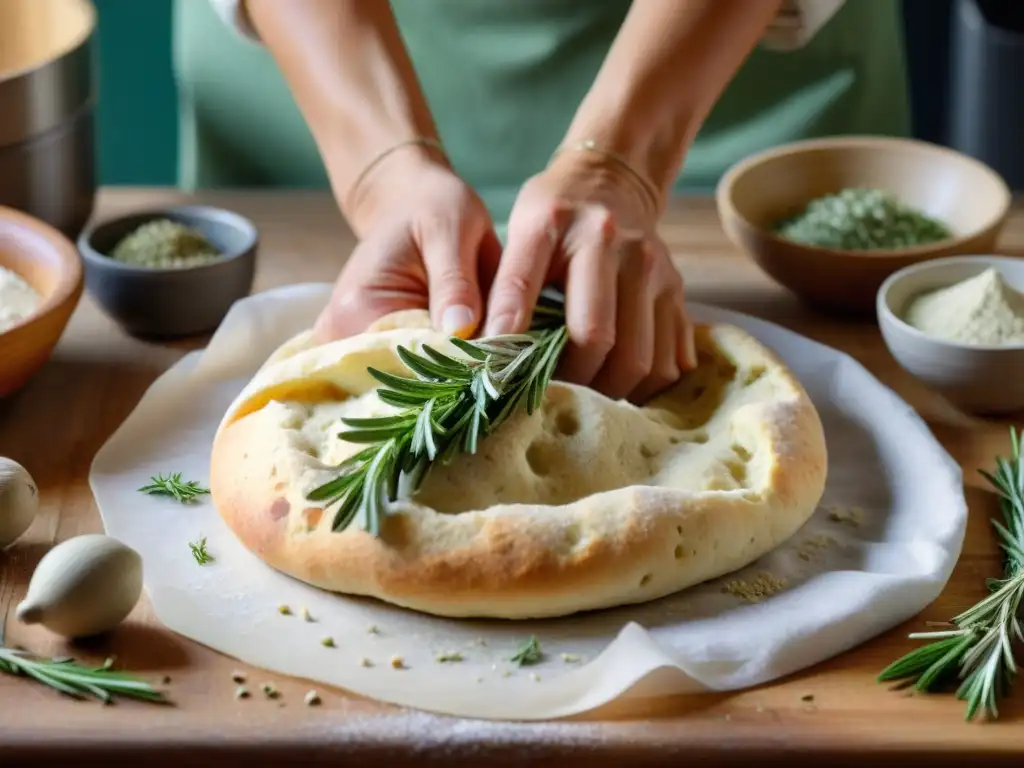Arte de amasar focaccia con hierbas frescas en cocina rústica Delicada preparación de focaccia con hierbas italianas, manos hábiles amasando sobre superficie de madera rústica