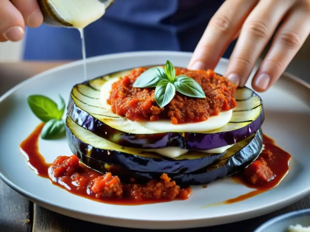 Delicada preparación de una receta Parmigiana berenjenas italiana tradicional en cocina rústica