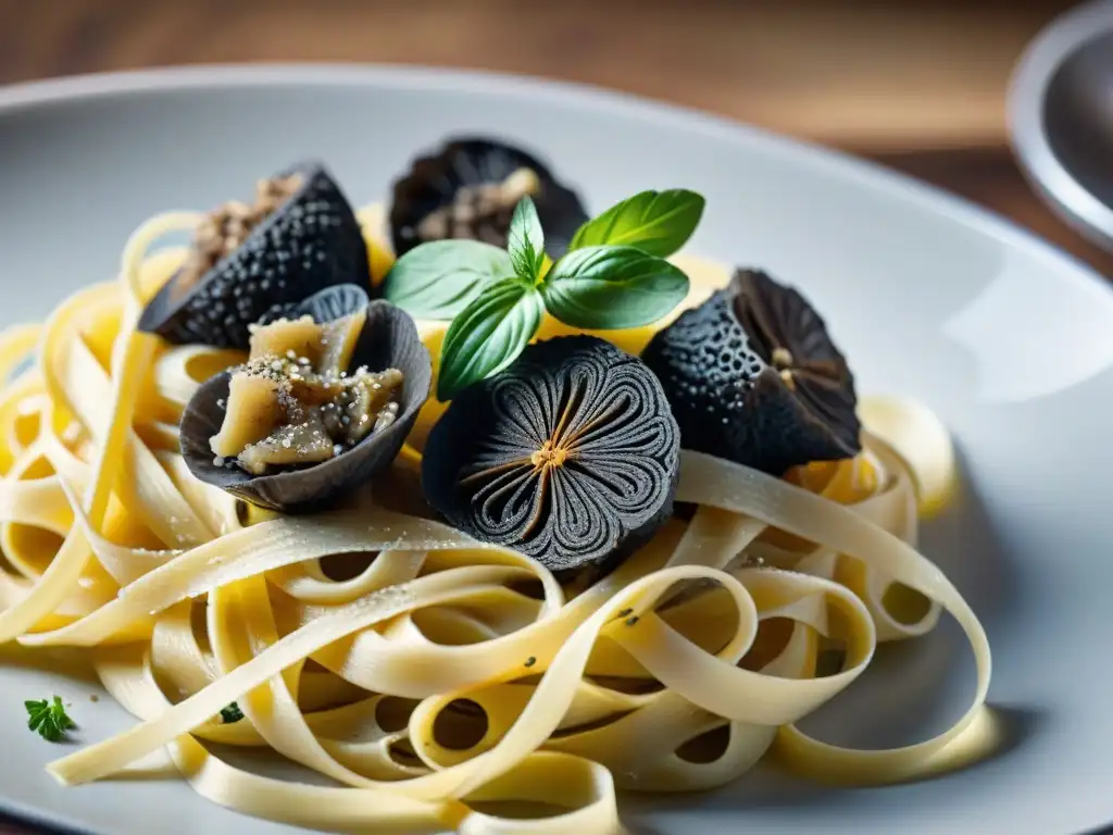 Delicada receta de tagliatelle con trufas frescas, aceite de trufa, perejil y queso parmesano