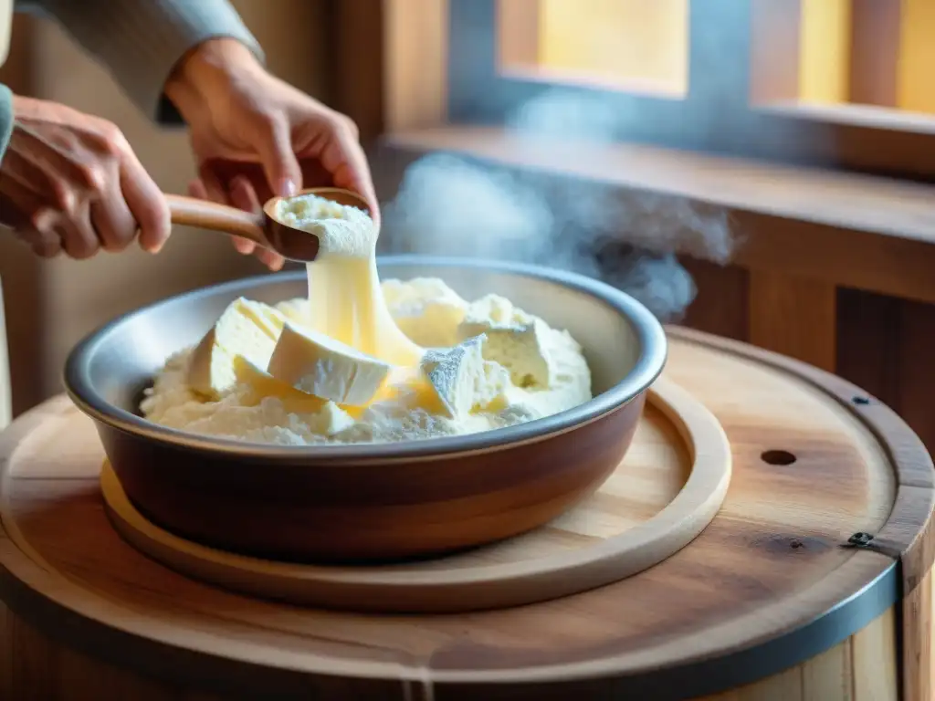 Delicada extracción de ricotta italiana fresca en un bello entorno artesanal, resaltando los beneficios de la ricotta italiana