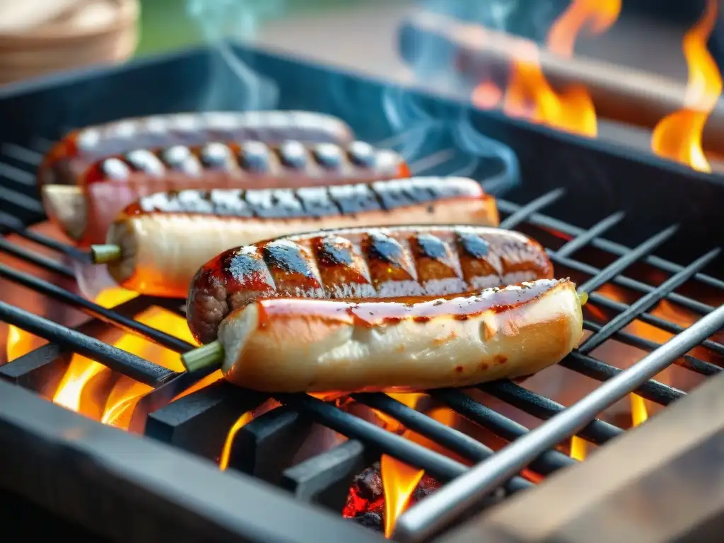 Delicada salchicha italiana en asado al horno de leña, jugos brillantes y hierbas esparcidas