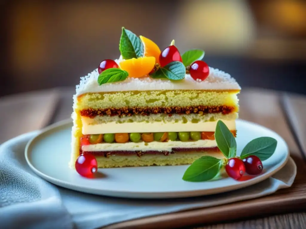 Delicada cassata siciliana con influencia árabe en repostería italiana, resaltando sus capas de bizcocho, ricotta, frutas y mazapán