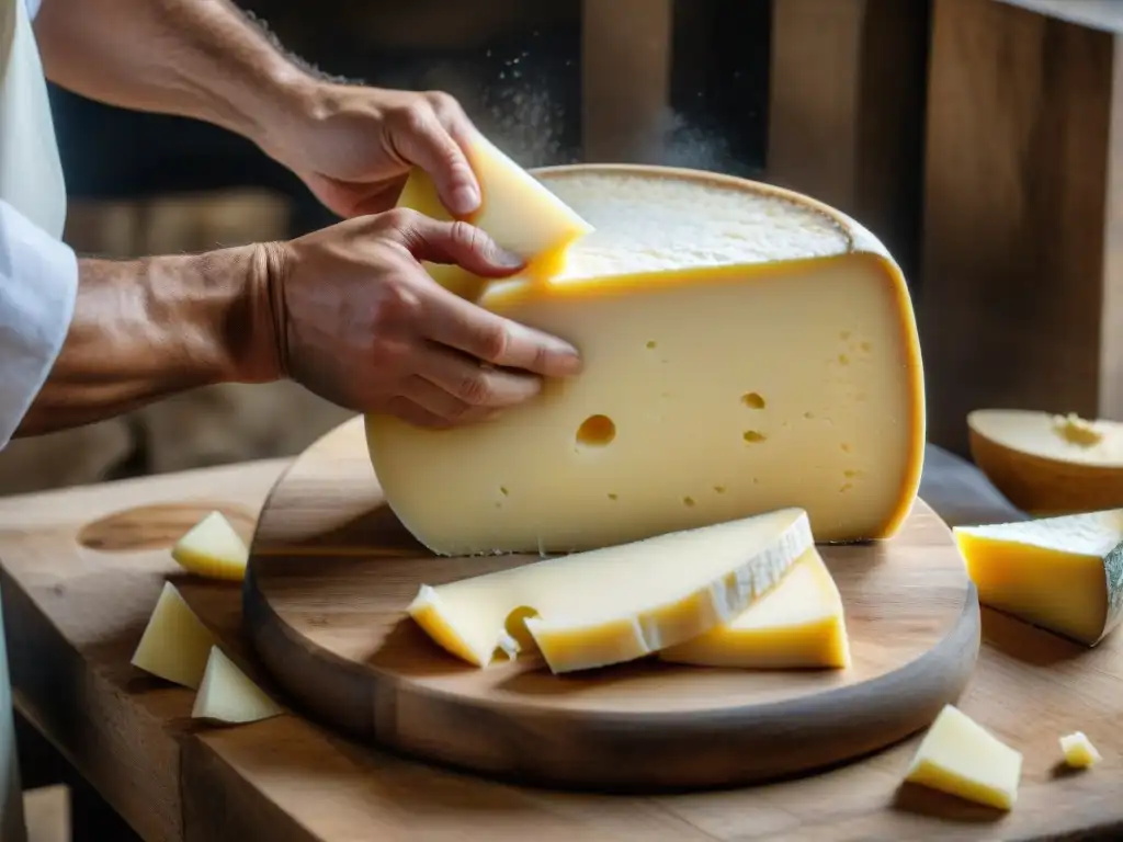 Delicada técnica cortando Parmigiano Reggiano en cocina italiana, mostrando dedicación y tradición artesanal