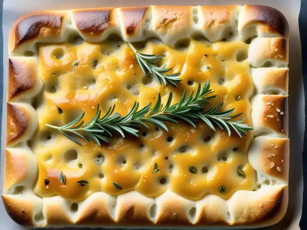 Delicada textura de focaccia italiana recién horneada con aceite de oliva, sal marina y romero