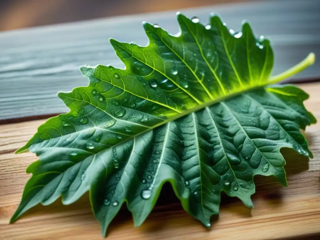 Delicada escarola verde brillante con gotas de agua sobre tabla de madera envejecida