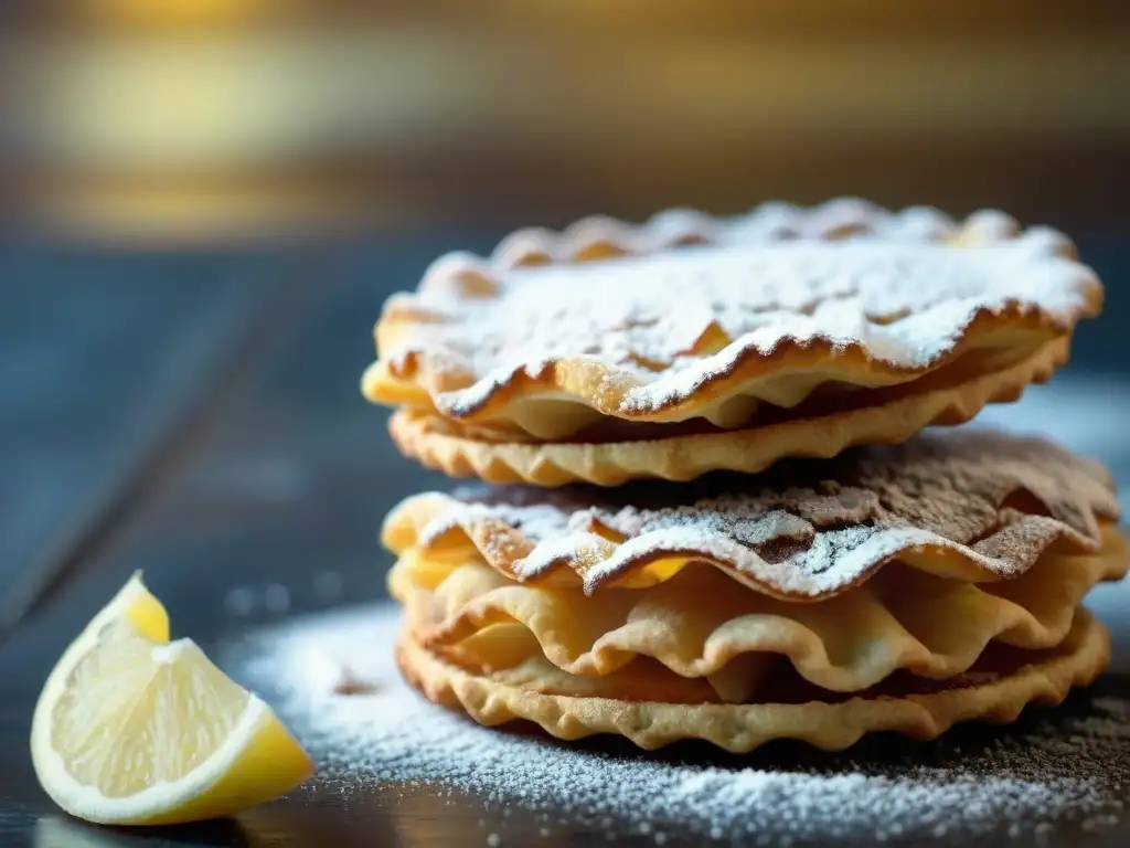 Delicadas Chiacchiere doradas, espolvoreadas con azúcar glas y detalladas texturas