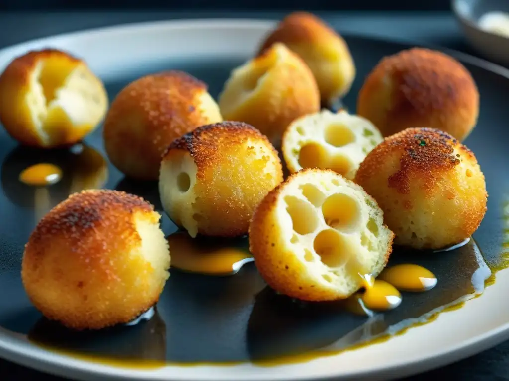 Delicadas arancini doradas y crujientes saliendo de aceite burbujeante