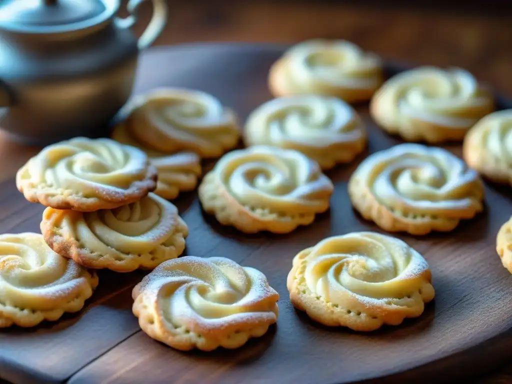 Delicadas galletas italianas Torcetti al burro recién horneadas sobre mesa rústica