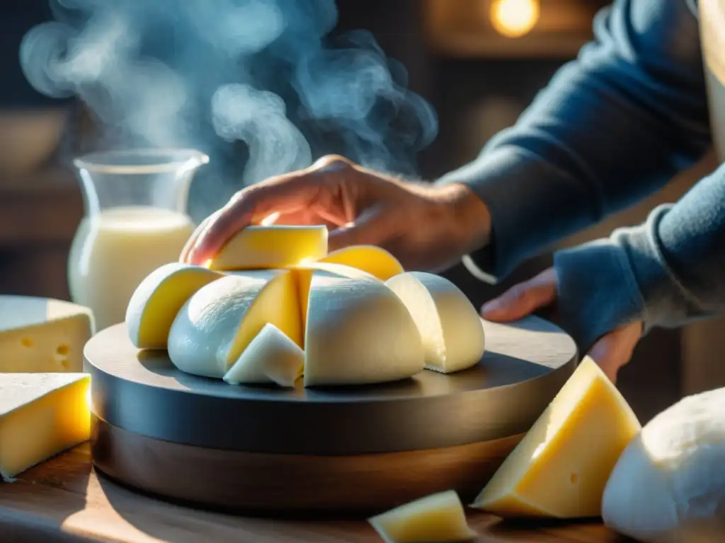 Delicadas manos de un hábil quesero formando mozzarella, con gotas de suero brillando al sol, mostrando la artesanía de los quesos del norte de Italia