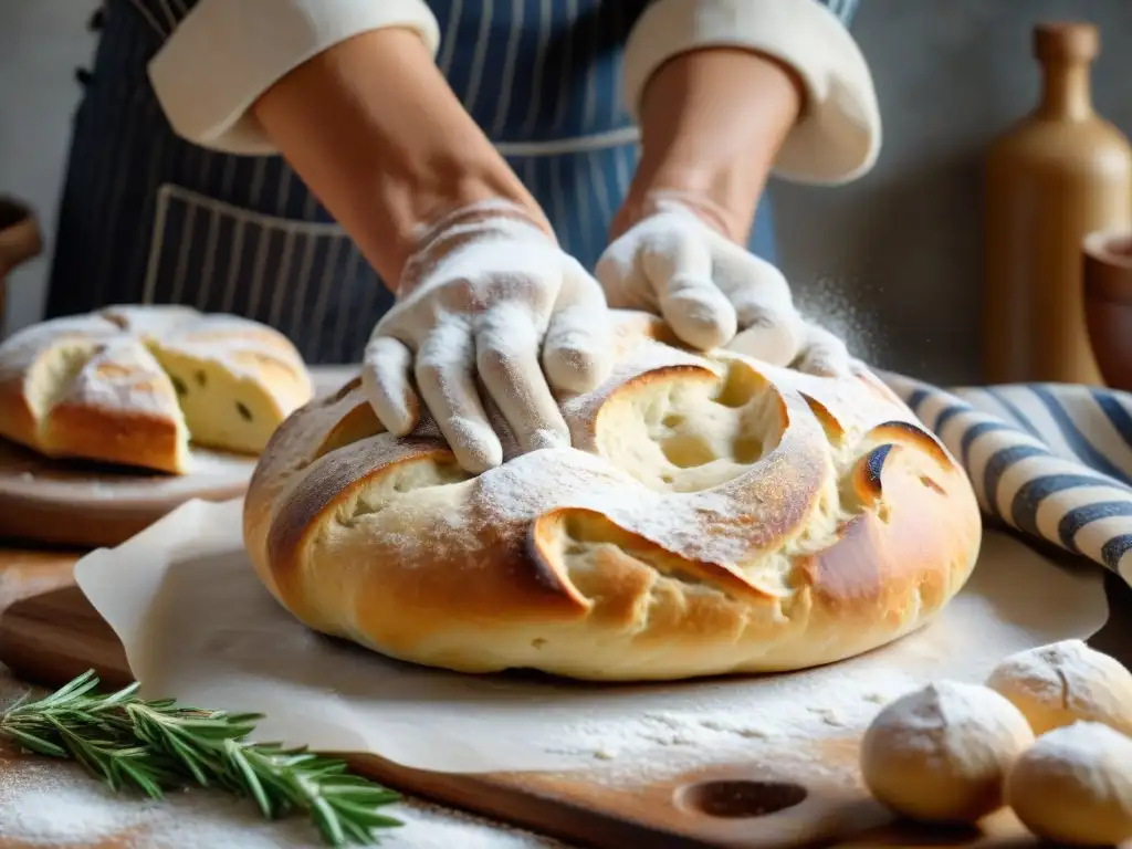 Delicadas manos amasan masa para focaccia italiana, en escena rústica de cocina