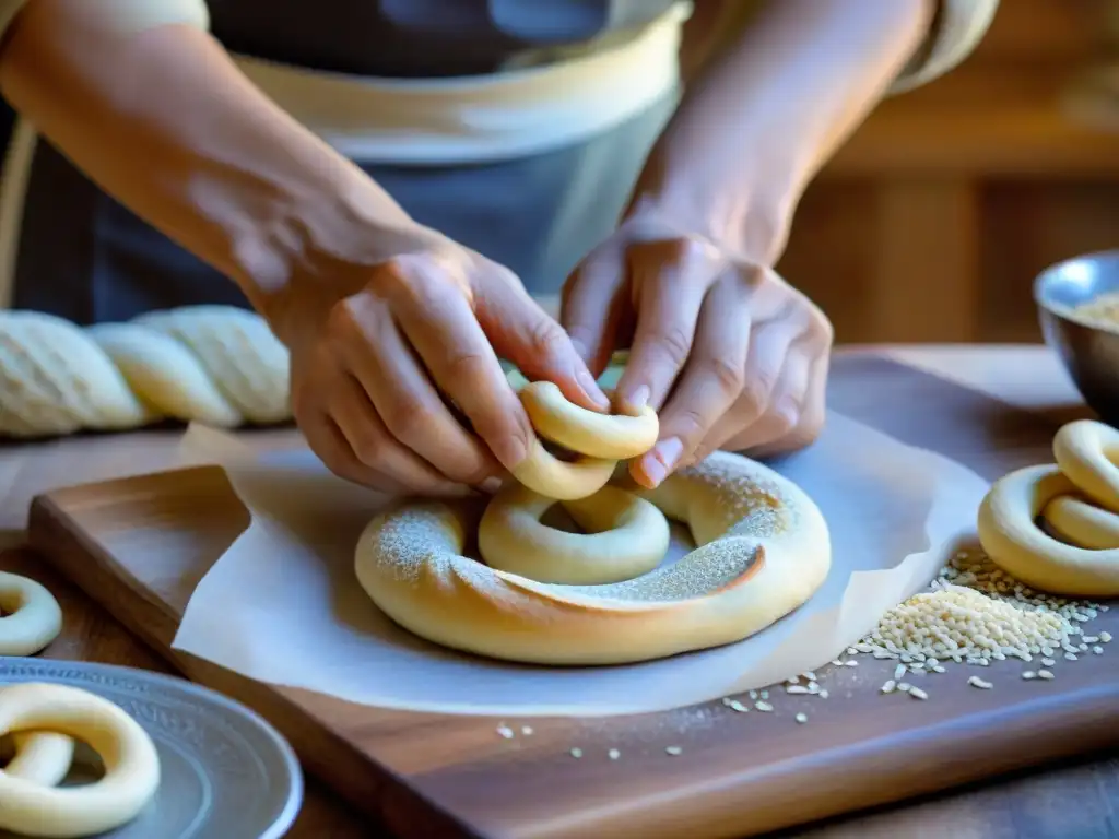 Delicadas manos moldeando masa de taralli, con rodillo y semillas de sésamo al fondo