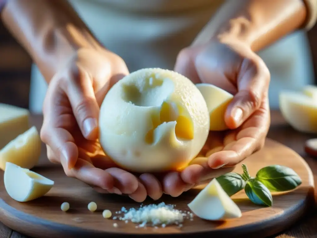 Delicadas manos moldeando mozzarella fresca en ambiente rústico