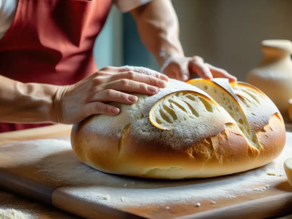 Delicadas manos de panadero italiano moldeando pan tradicional con harina en el aire y detalles en la masa