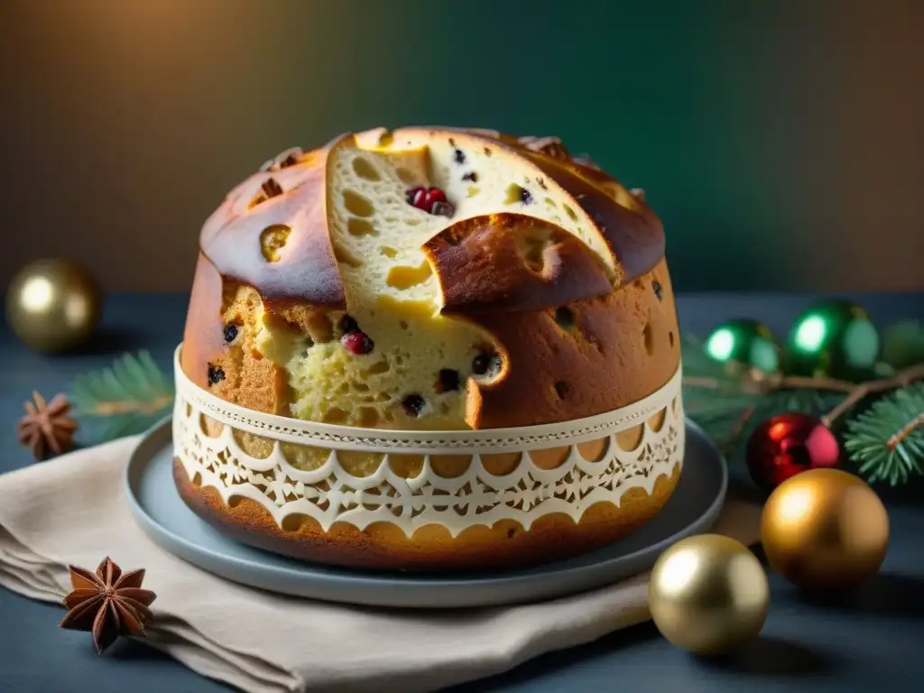 Delicadas variedades de Panettone de diversas regiones italianas, resaltando el origen y tradición del Panettone en una colorida exhibición