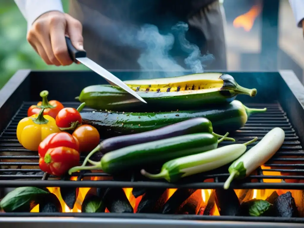 Delicadas verduras a la parrilla: zucchini, pimientos, tomates y berenjenas, brillando con aceite de oliva y hierbas aromáticas