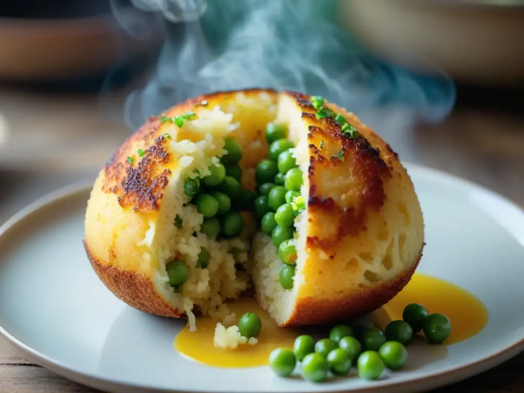 Delicioso arancini siciliano relleno de queso fundido y hierbas frescas Delicado arancini siciliano dorado, relleno de arroz, carne y guisantes, con mozzarella estirada y perejil fresco