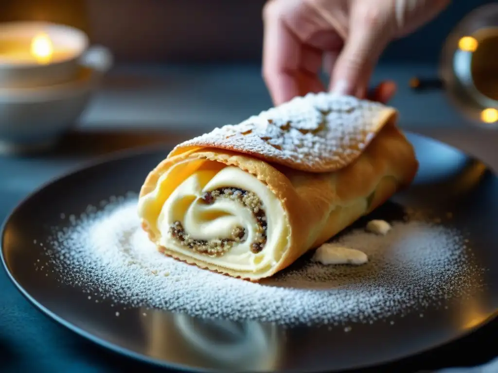 Delicado cannoli siciliano relleno de crema de ricotta, destacando capas de crujiente y suave