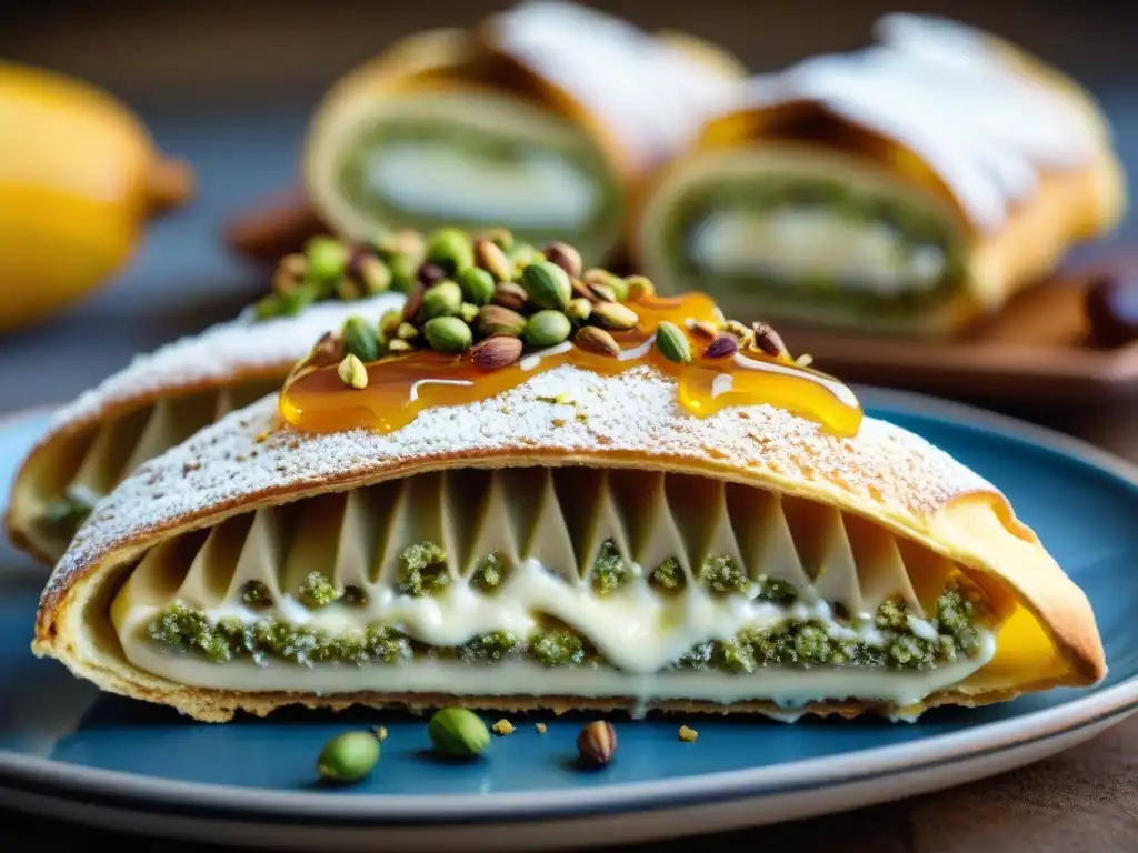 Delicado cannoli siciliano relleno de crema de ricotta, pistachos y miel en un mercado de Palermo