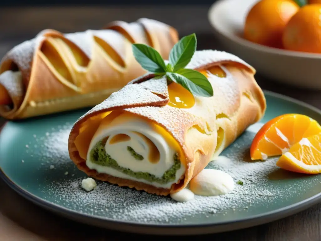 Delicado cannoli siciliano relleno con crema de ricotta, decorado con cítricos confitados