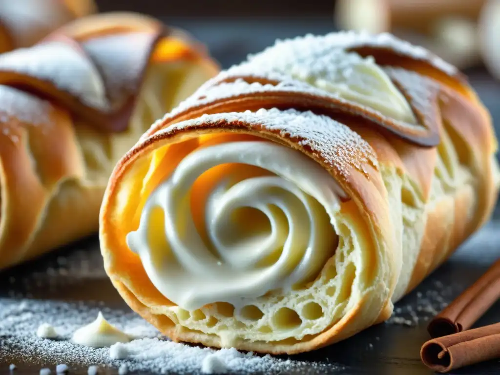 Delicado cannoli siciliano relleno de crema de ricotta, con capas crujientes de masa y azúcar glas