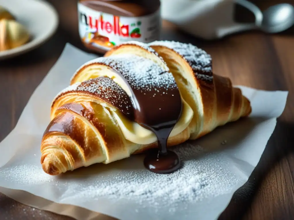 Delicado croissant dorado relleno de Nutella con azúcar glass, resaltando la versatilidad en la cocina italiana de Nutella