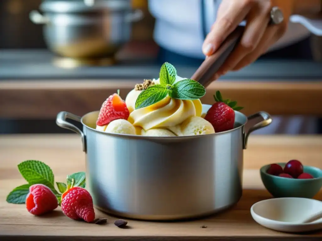 Delicado helado artesanal siendo servido con frutas frescas en mesa de madera, inspirando a seguir consejos conservar gelato casero